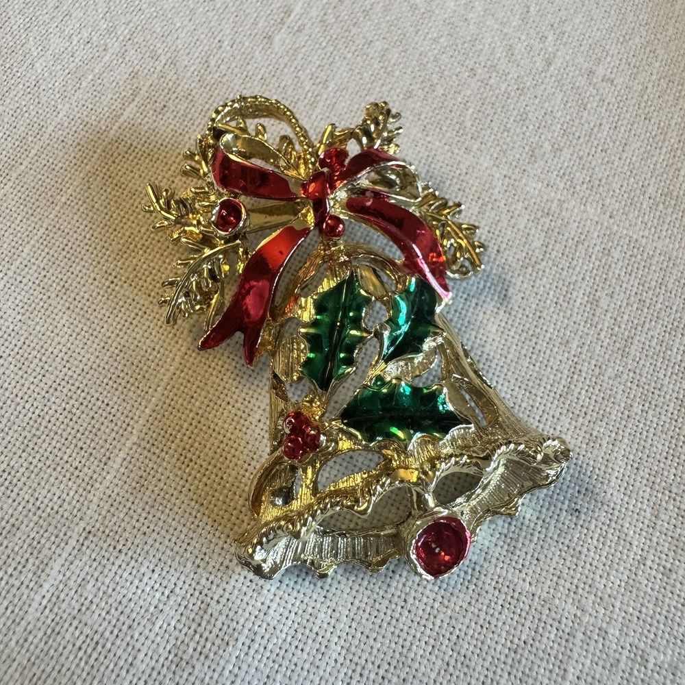 Vintage Christmas Jingle Bell Holly Brooch Gold tone Enamel 2"